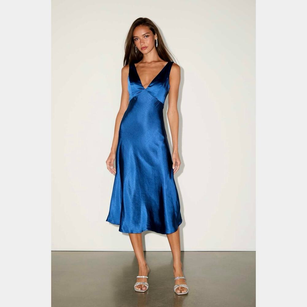 Lulus Incredible Love Navy Satin Cowl Back Midi Slip Dress Size Large